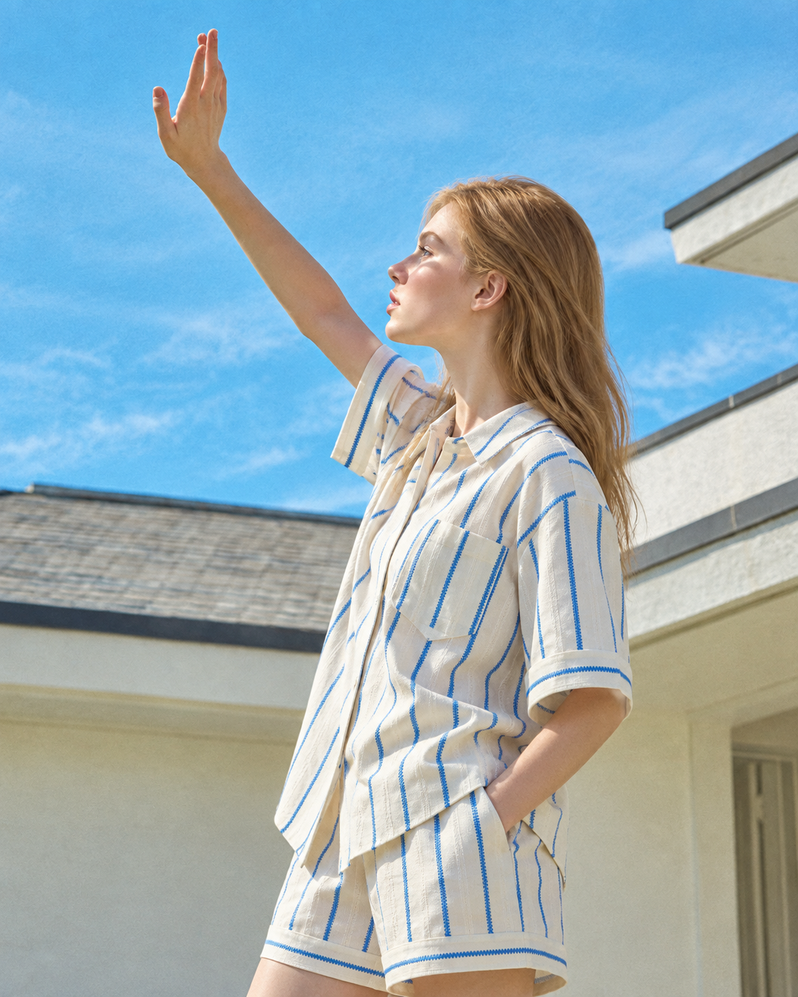 Slateway striped short pajama set in blue & white, additional lifestyle view - Roomden