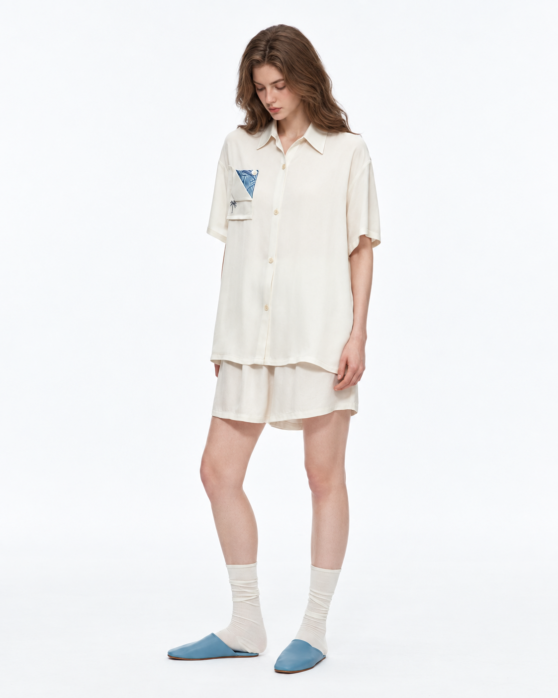 Inkshore Folded-Pocket Viscose Pajama Shorts Set – Cream relaxed standing studio view - Roomden