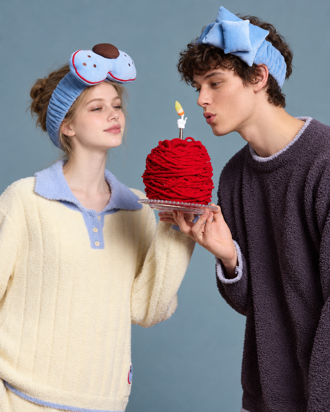 Cat Motif Fleece Pajama Set - blue collar and button placket in a cake scene - Roomden