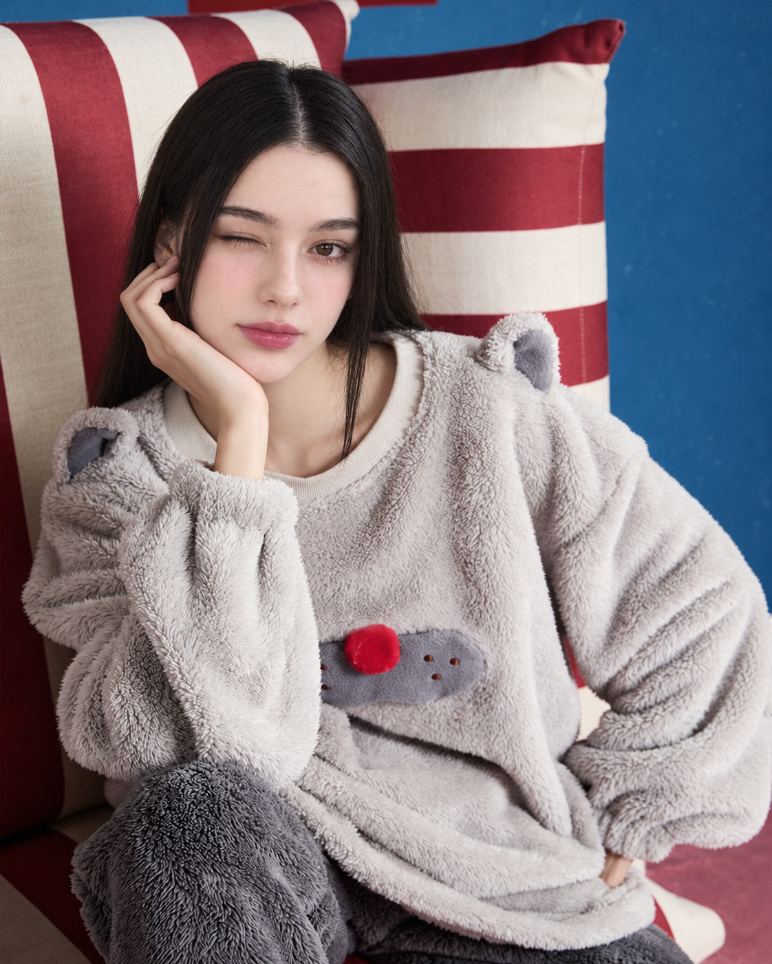 Cat-Ear Fleece Pajama Set – close view of shoulder ears and red-nosed appliqué - Roomden