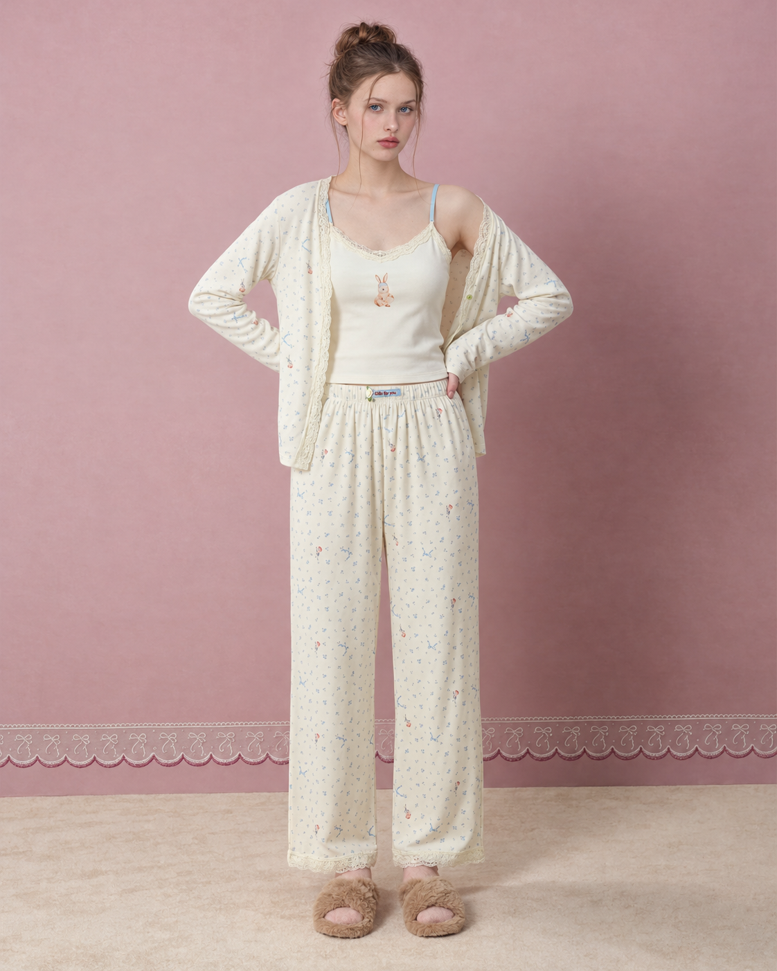 Bunny Floral Three-Piece Pajama Set – front view with open cardigan and blue-strap camisole - Roomden