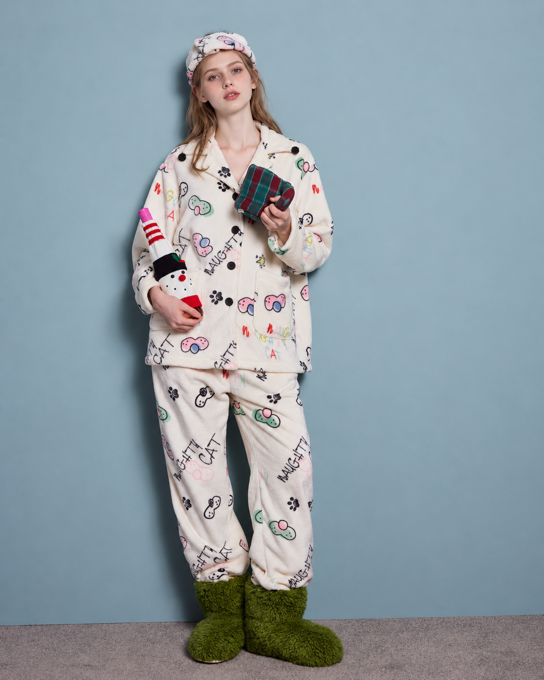 Doodlewhisk Cat Doodle Fleece Pajama Set – cream cat-print button-front top and pants, full front view - Roomden