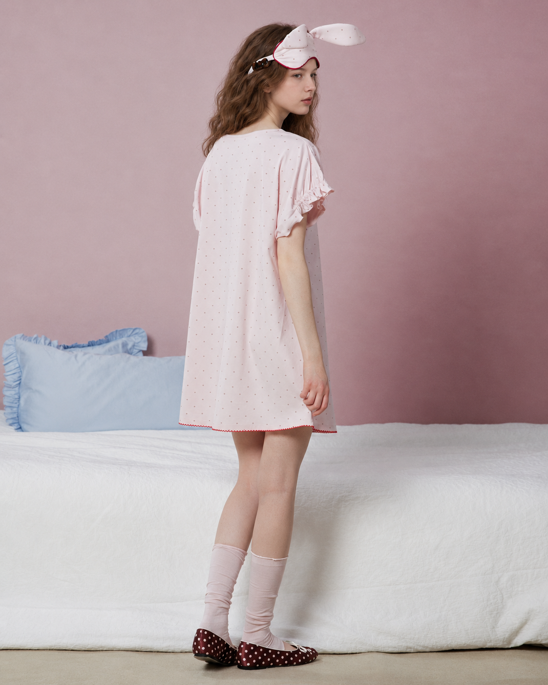 Bunny Print Cotton Blend Nightgown – blush pink back view - Roomden