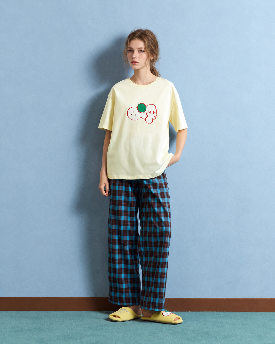 Cat print cotton pajama set – Pale Yellow full front view - Roomden