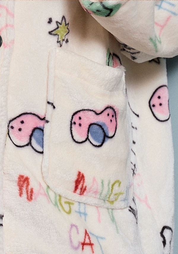 Doodlewhisk Cat Doodle Fleece Pajama Set – cream fleece pajama top, patch pocket and cat-print detail - Roomden