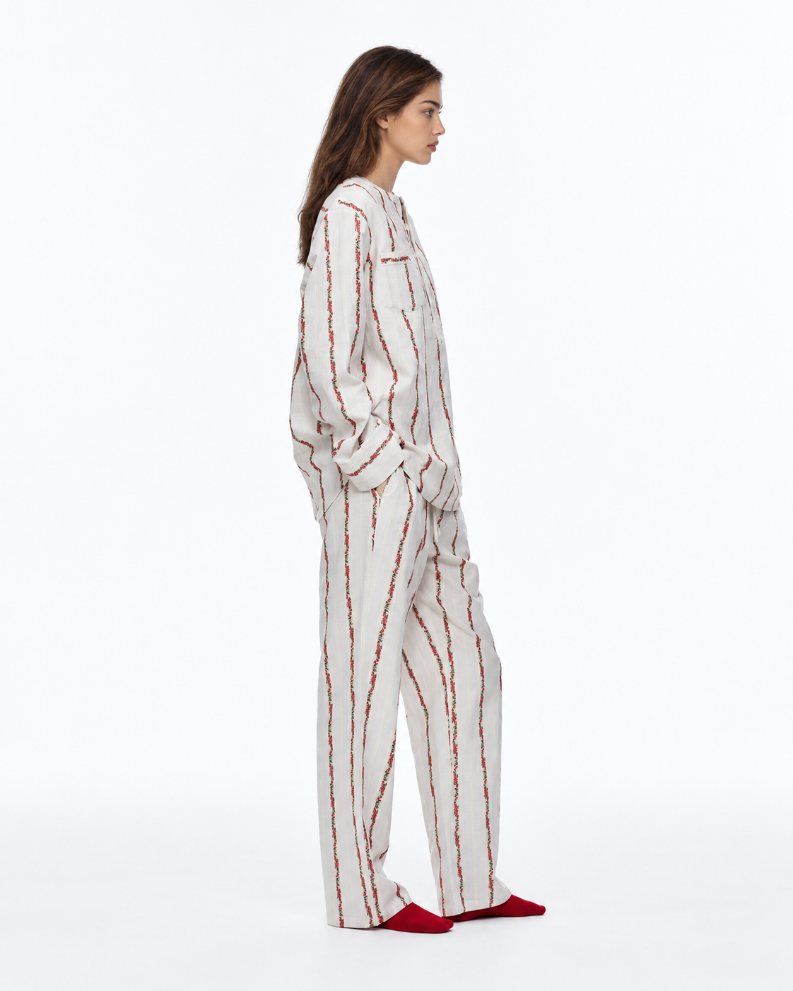 Roseledger cream cotton long pajama set with red floral stripes, three-quarter view - Roomden