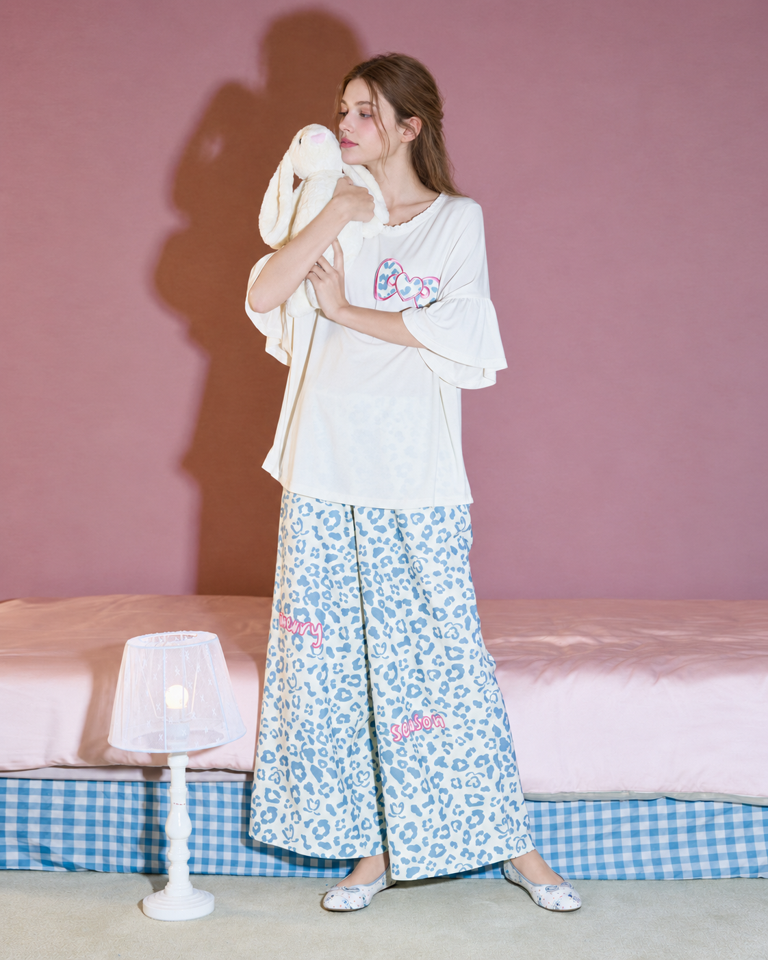 Heart Bow Cotton Blend Pajama Set – full-length standing view holding a plush rabbit - Roomden