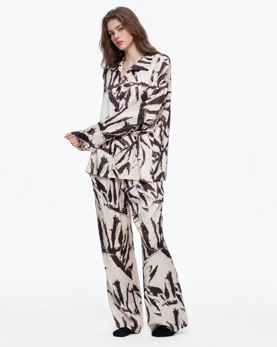 Brushstroke Palm Viscose-Rayon Pajama Set – relaxed diagonal standing view - Roomden