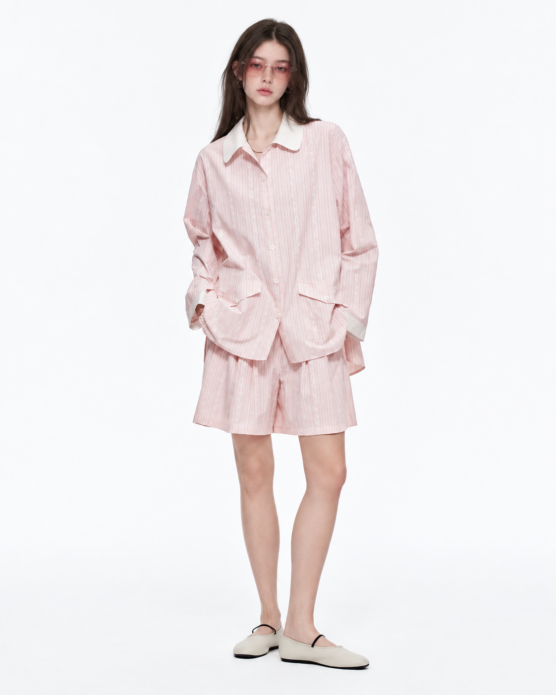 Ribbonhour White-Collar Striped Cotton-Blend Pajama Shorts Set – pink on-model view - Roomden