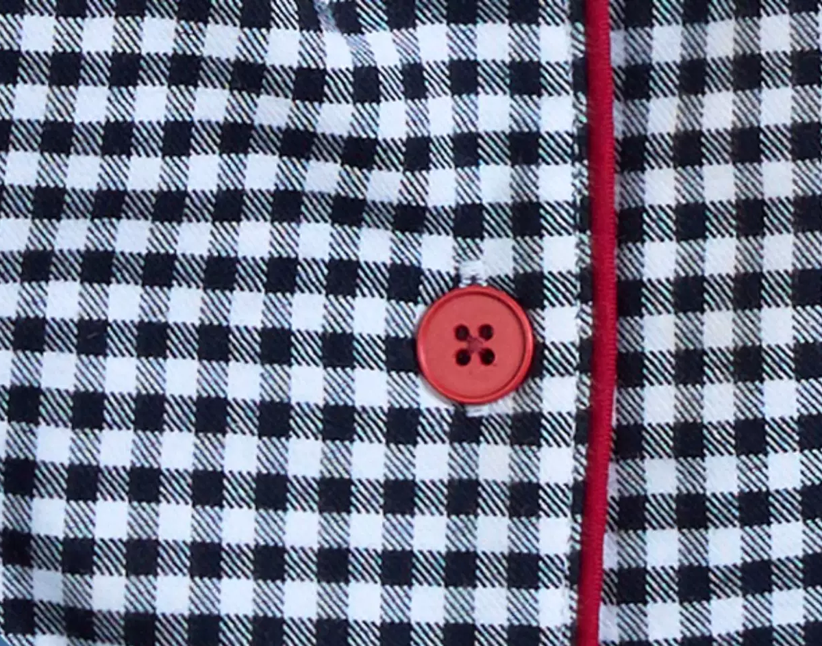 Gingham Cotton Pajama Set – black-and-white checks, red button and piping detail - Roomden