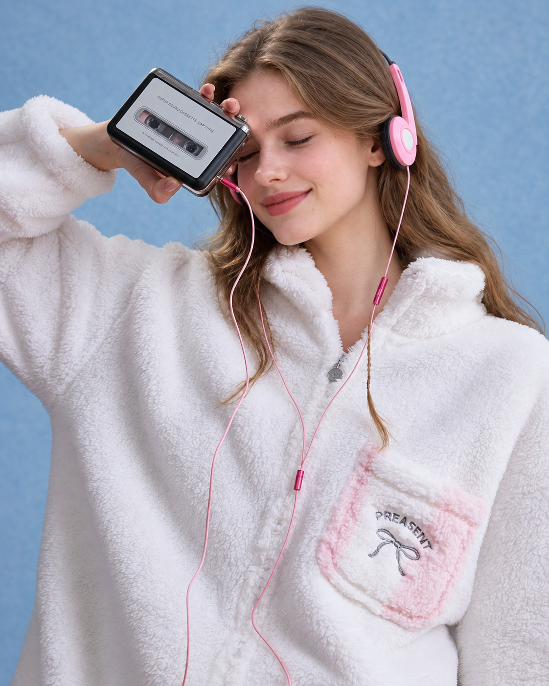 Bow Pocket Fleece Pajama Set – pink-and-white close view of the zip collar and embroidered bow pocket - Roomden