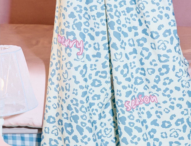 Heart Bow Cotton Blend Pajama Set – blue leopard pants and pink lettering detail - Roomden
