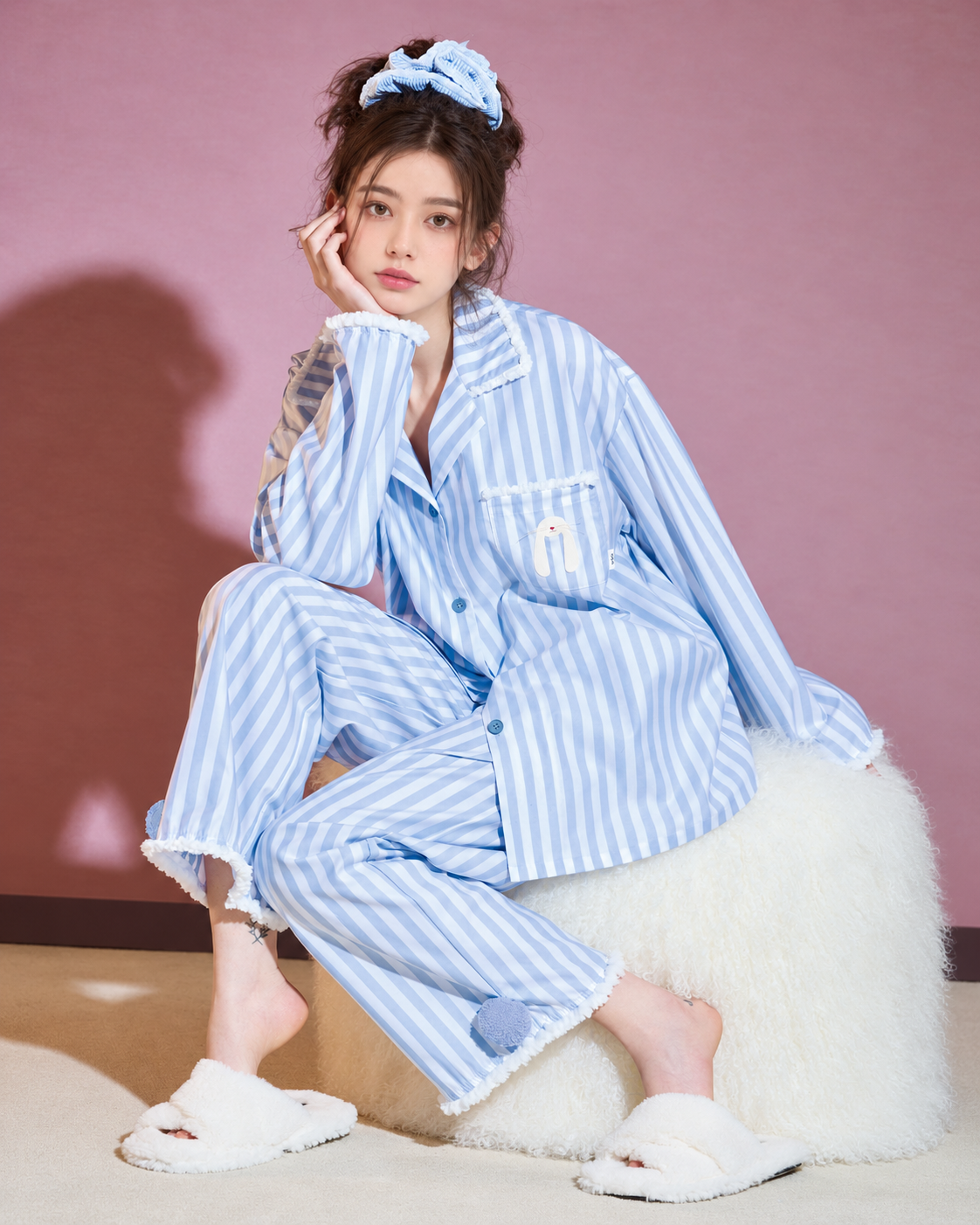 Blue Stripe Bunny Pocket Cotton Pajama Set – cross-legged seated view - Roomden