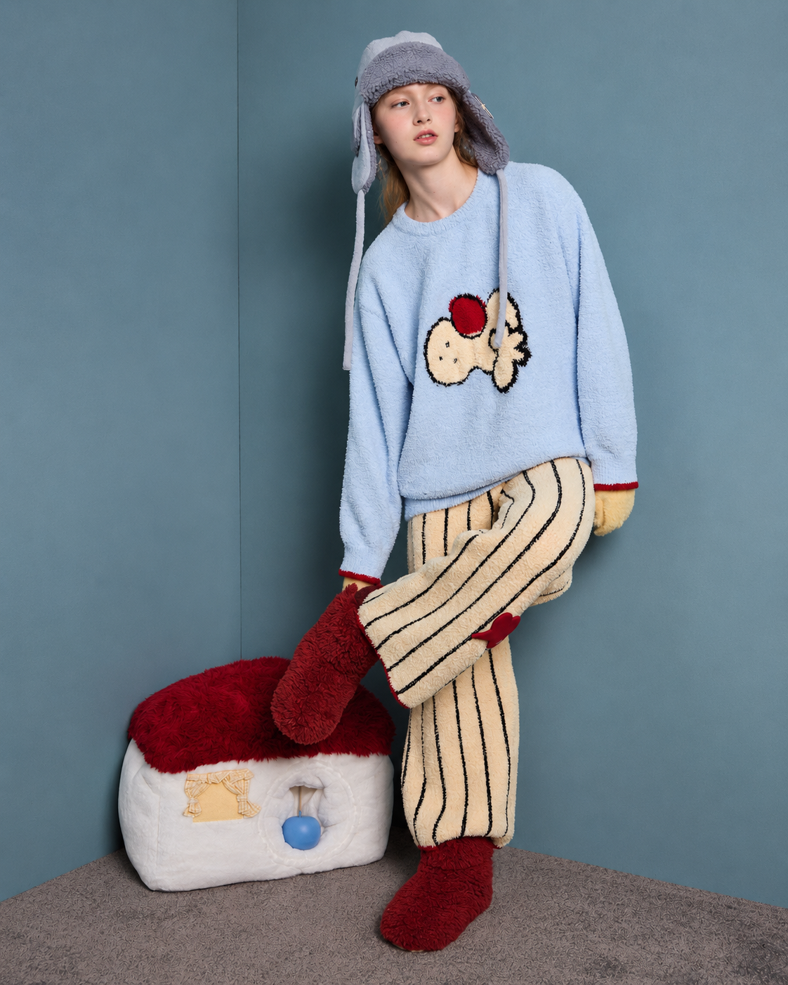 Cat Motif Plush Pajama Set – angled standing view with one leg raised - Roomden