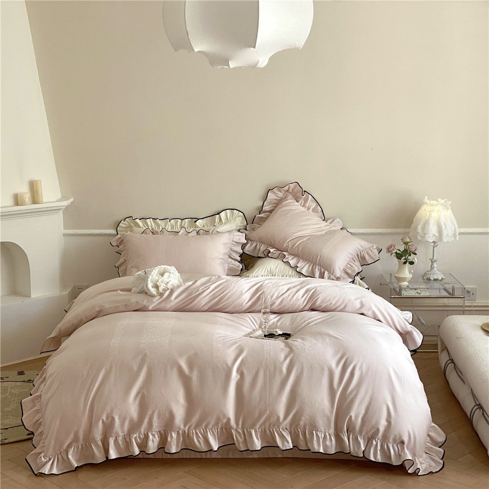 Chantelle Ruffle Jacquard Satin Bedding Set - Petal Blush