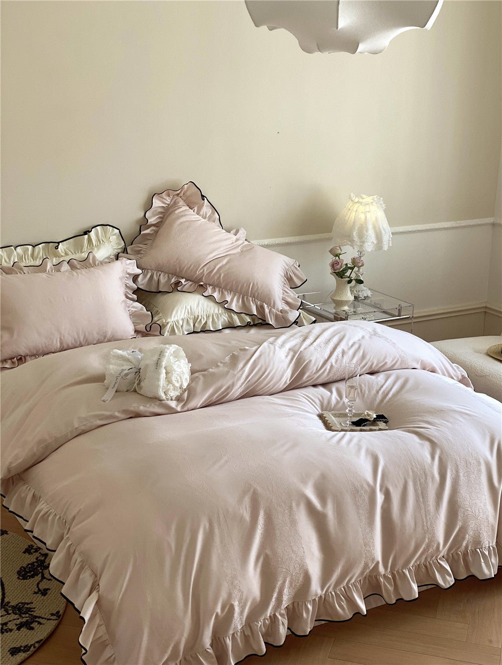 Chantelle Ruffle Jacquard Satin Bedding Set - Petal Blush