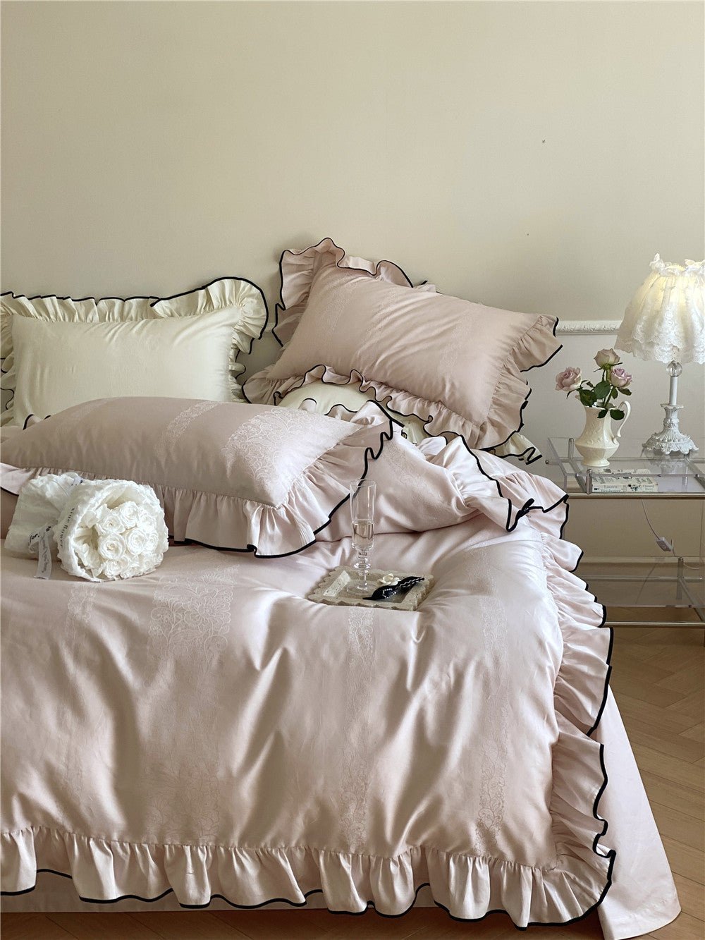 Chantelle Ruffle Jacquard Satin Bedding Set - Petal Blush