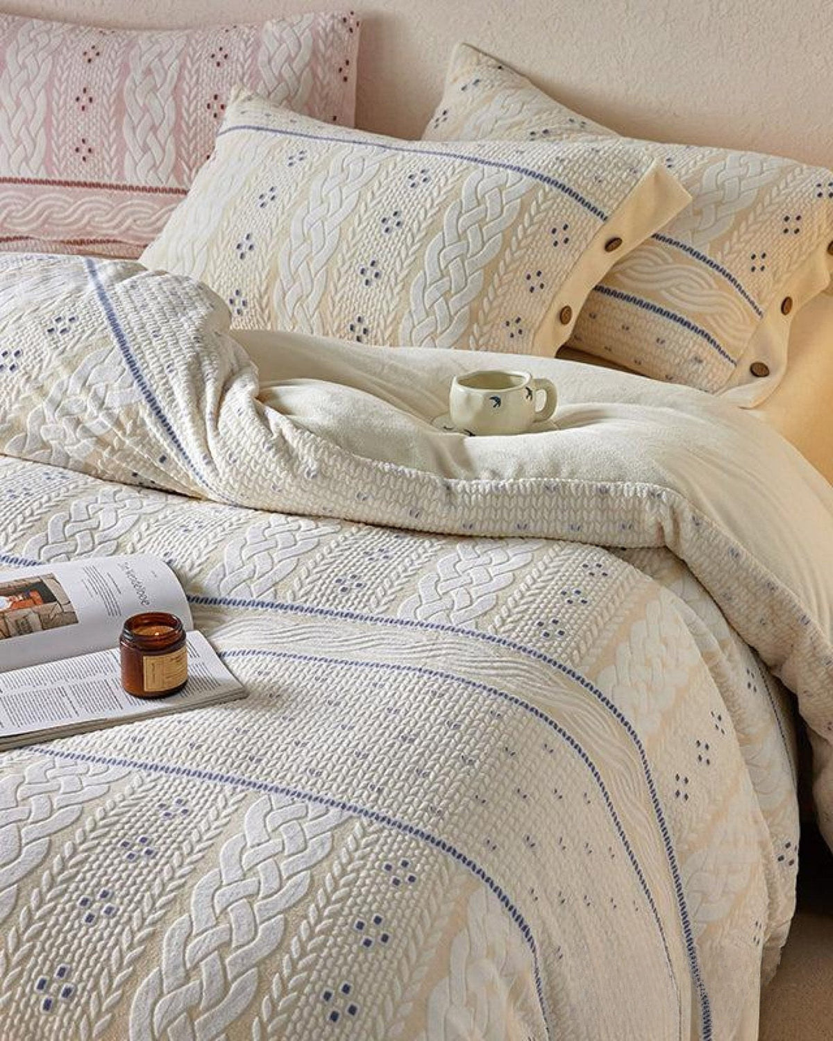 Alcott Braided Cable Velvet Bedding Set - ivory bedroom scene 5 - Roomden