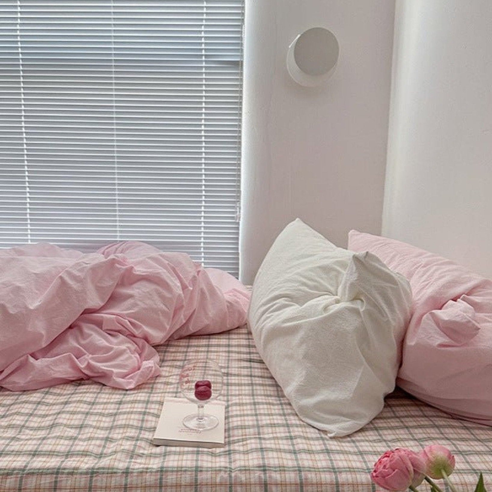 Petal Pink Plaid Cotton Bedding Set - room scene