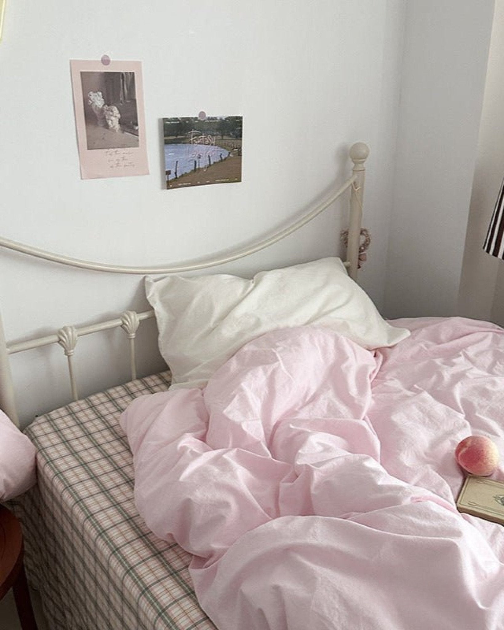 Petal Pink Plaid Cotton Bedding Set - room scene