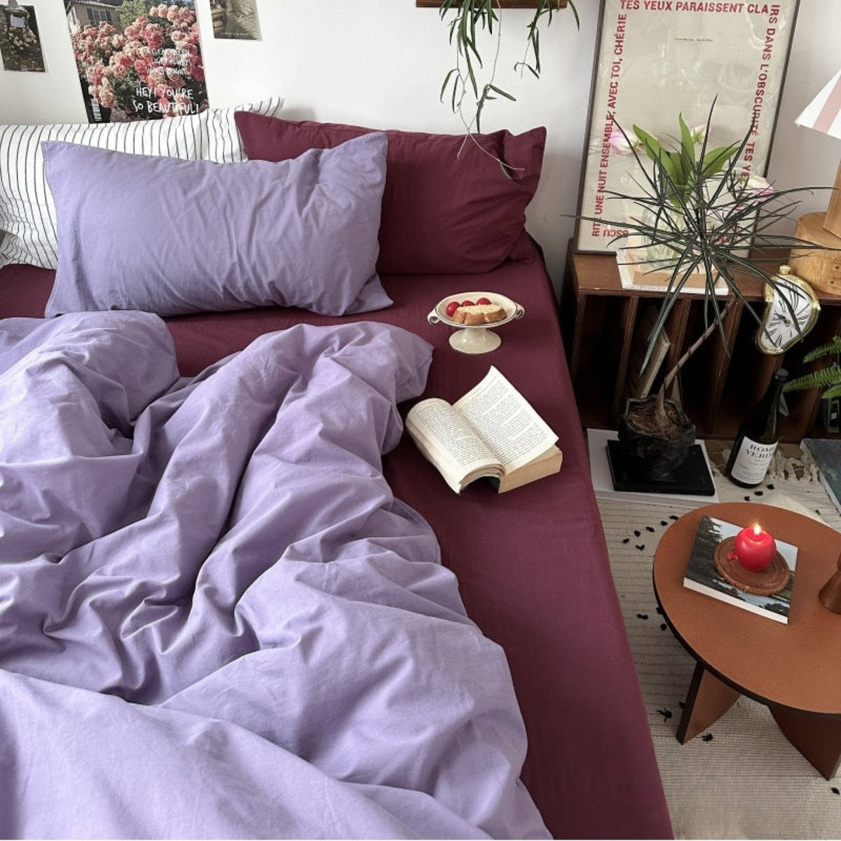 Thistle Plum Cotton Bedding Set – lilac duvet with mixed lilac and plum pillows - Roomden
