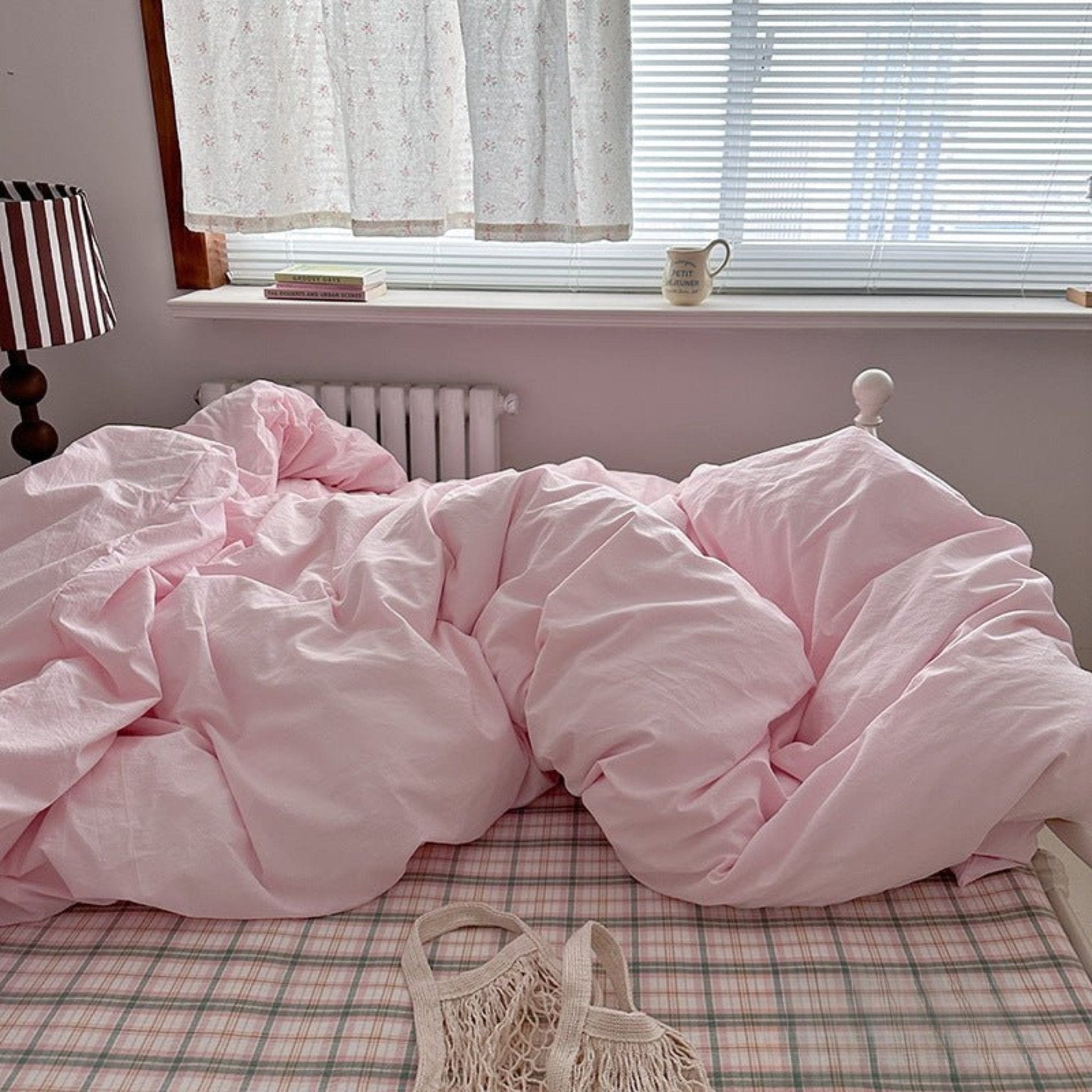 Petal Pink Plaid Cotton Bedding Set - room scene