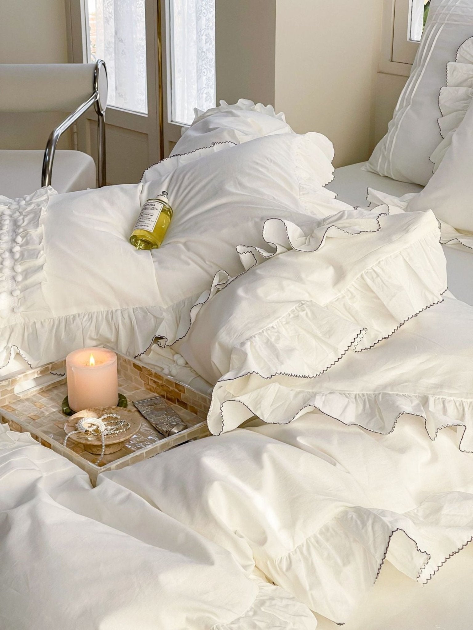 Fauvette Lace-Trim Washed Cotton Bedding Set - room scene
