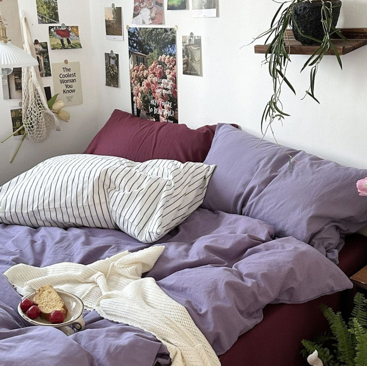Thistle Plum Cotton Bedding Set – lilac duvet and plum sheet with a styled cushion - Roomden