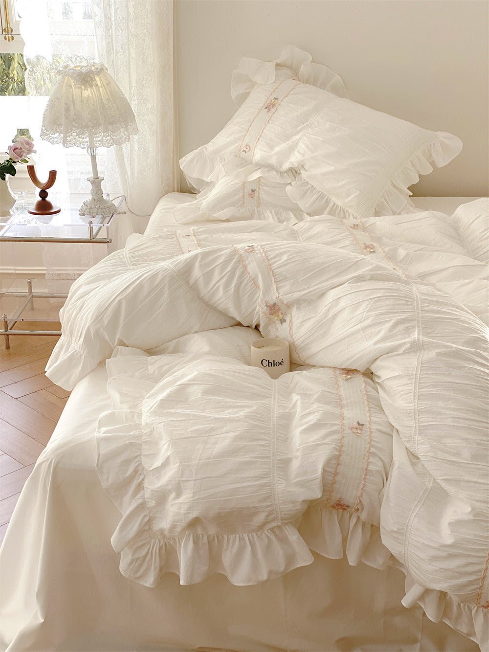 Winnifred Ruffled Washed Cotton Bedding Set – ruffled white duvet draping over the bed corner - Roomden