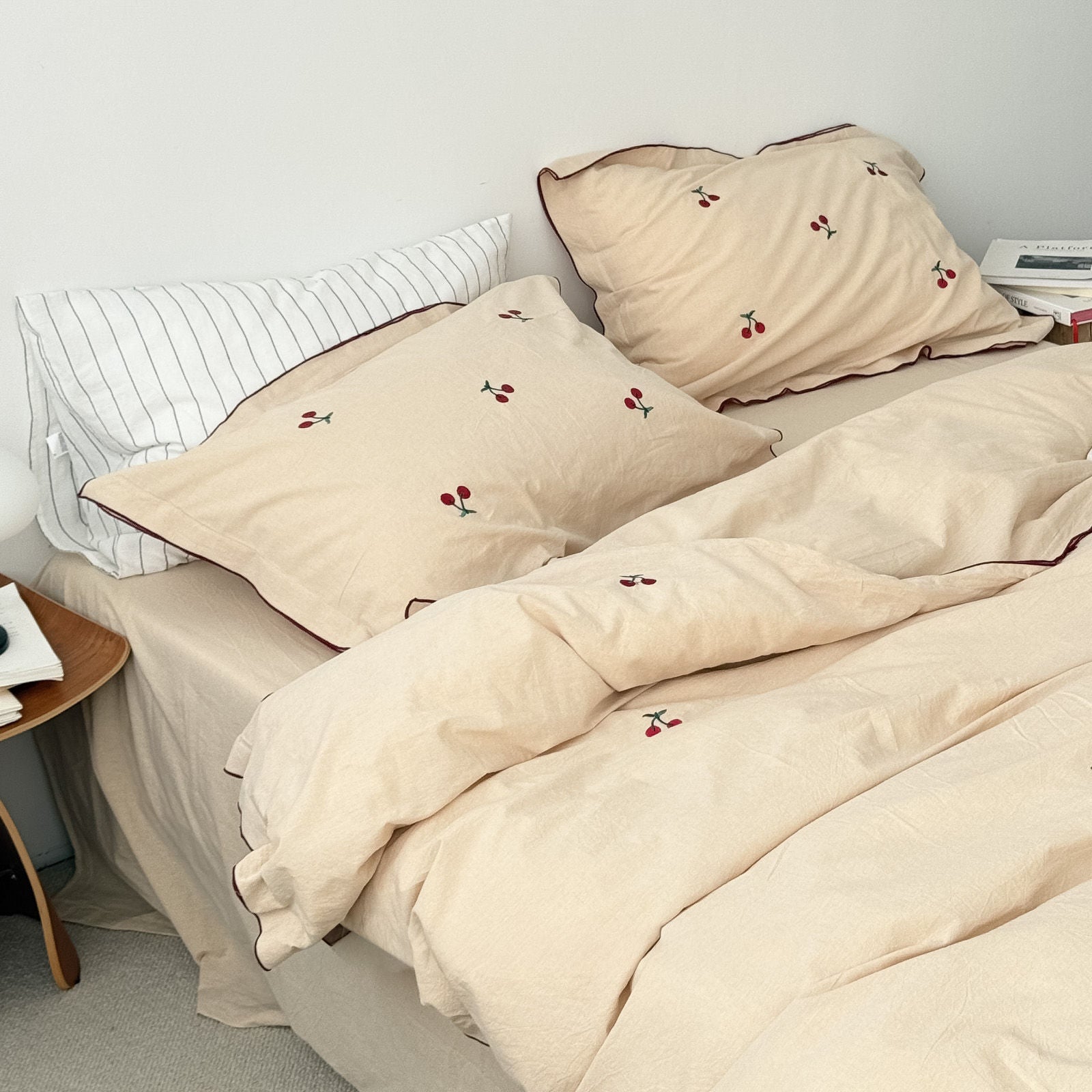 RoomDen Soft Embroidered Cherry Cotton Bedding Set in Beige - Full bed view with cherry pattern