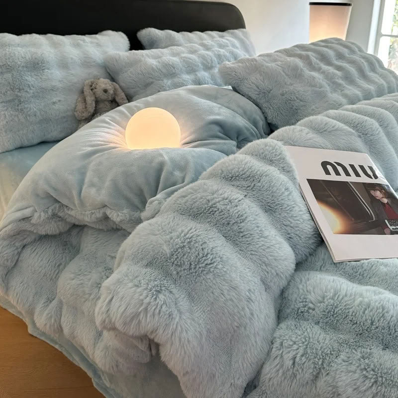 Light blue plush faux fur bedding set with glowing bedside lamp – RoomDen