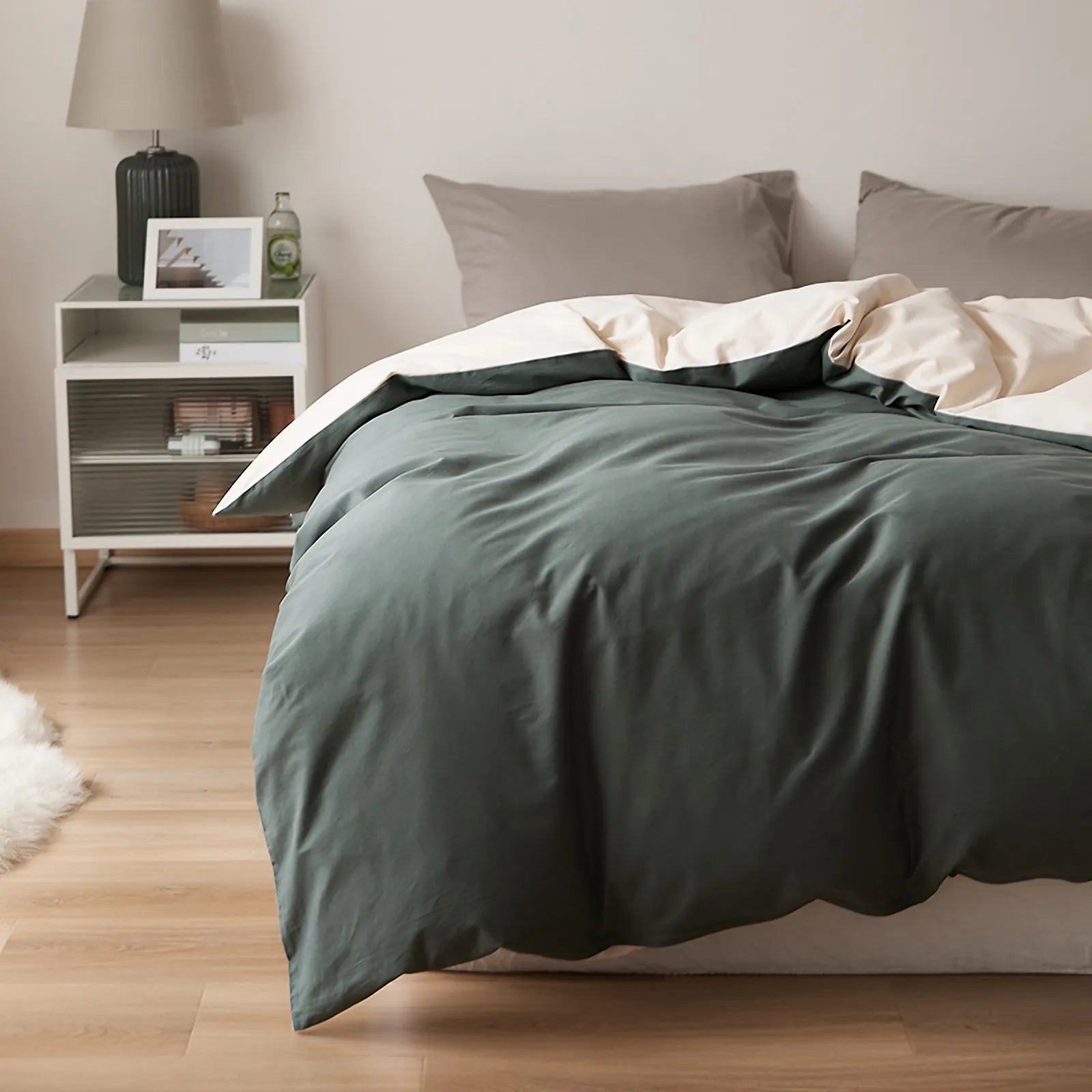 Soft neutral two-tone washed cotton duvet cover with a minimalist solid design on a cozy modern bed – RoomDen
