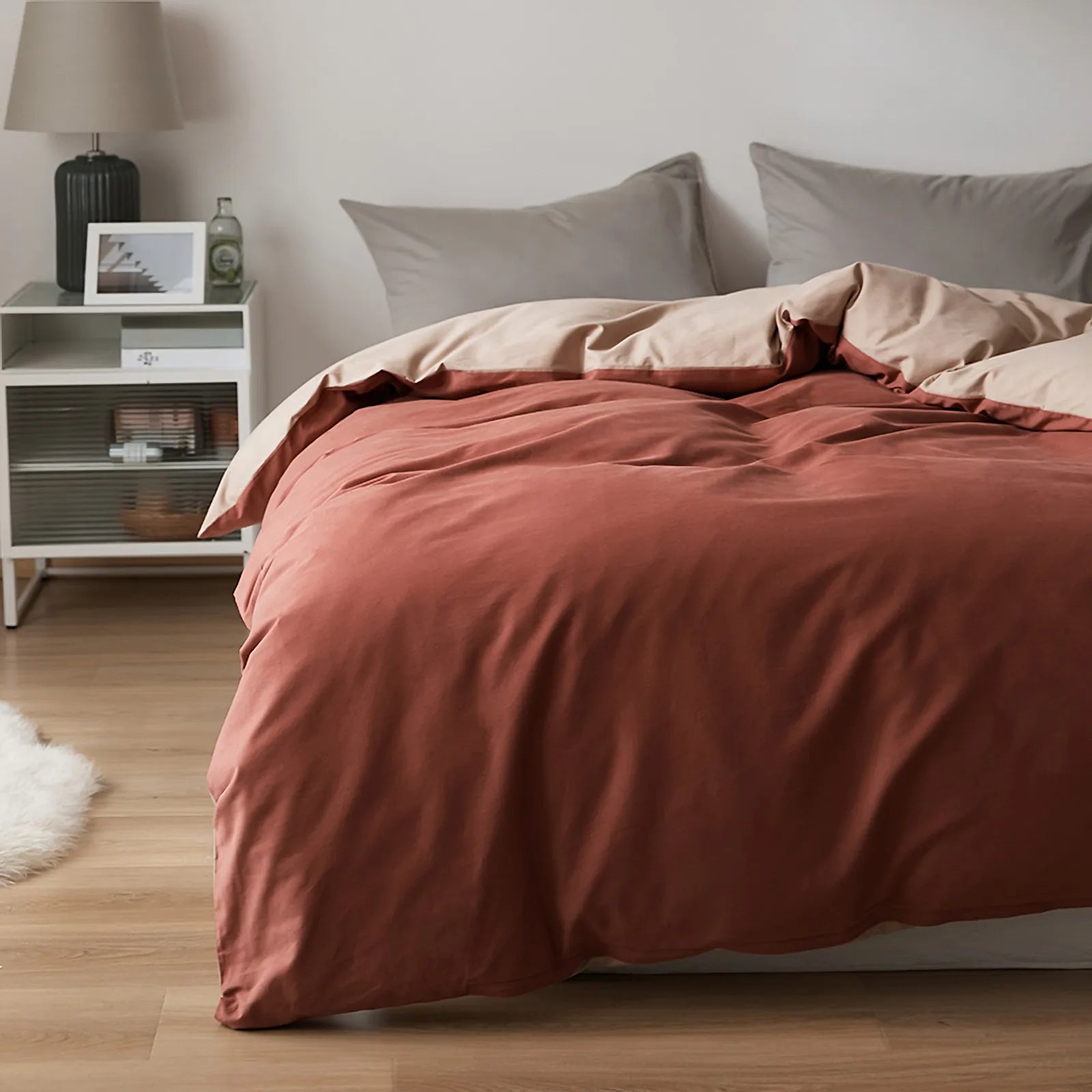 Soft neutral two-tone washed cotton duvet cover with a minimalist solid design on a cozy modern bed – RoomDen