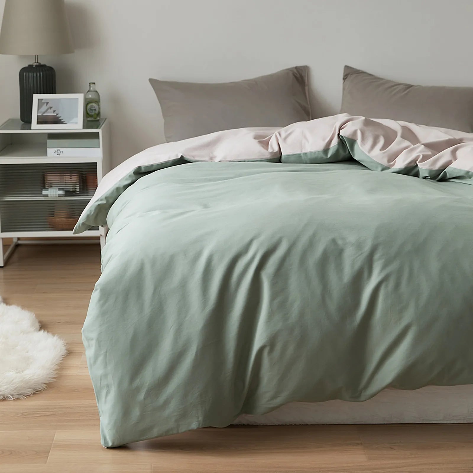 Soft neutral two-tone washed cotton duvet cover with a minimalist solid design on a cozy modern bed – RoomDen