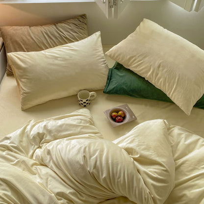 Solid Cream Ivory velvet bedding set with soft plush texture and minimalist cozy bedroom scene - RoomDen
