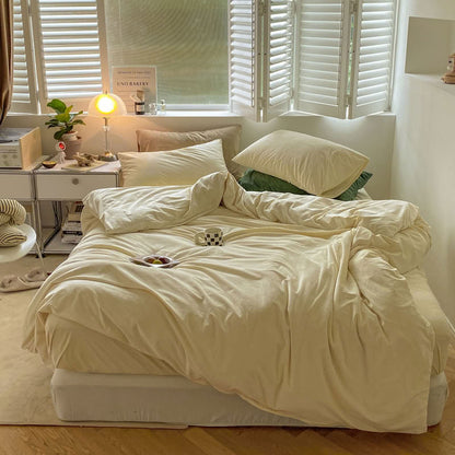 Solid Cream Ivory velvet bedding set with soft plush texture and minimalist cozy bedroom scene - RoomDen