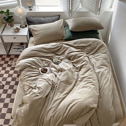 Solid Taupe velvet bedding set with soft plush texture and minimalist cozy bedroom scene - RoomDen