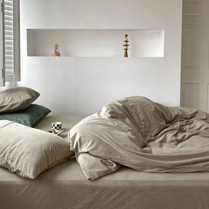 Solid Taupe velvet bedding set with soft plush texture and minimalist cozy bedroom scene - RoomDen