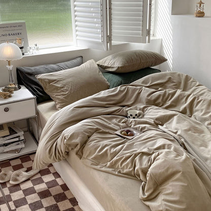 Solid Taupe velvet bedding set with soft plush texture and minimalist cozy bedroom scene - RoomDen
