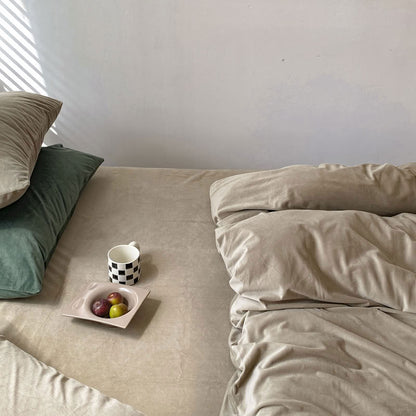 Solid Taupe velvet bedding set with soft plush texture and minimalist cozy bedroom scene - RoomDen