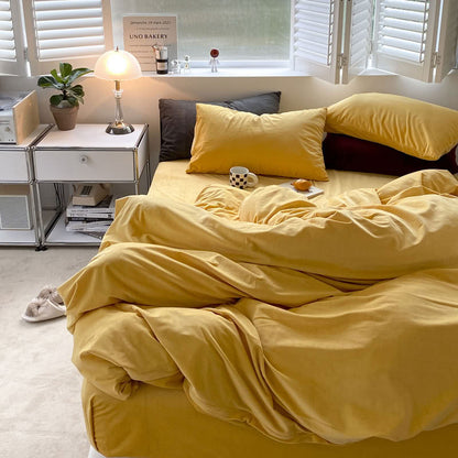 Solid Yellow velvet bedding set with soft plush texture and minimalist cozy bedroom scene - RoomDen
