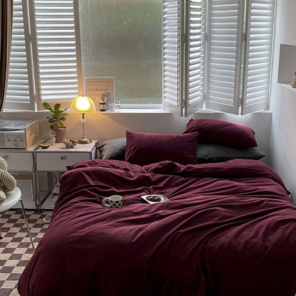 Solid Wine Red velvet bedding set with soft plush texture and minimalist cozy bedroom scene - RoomDen