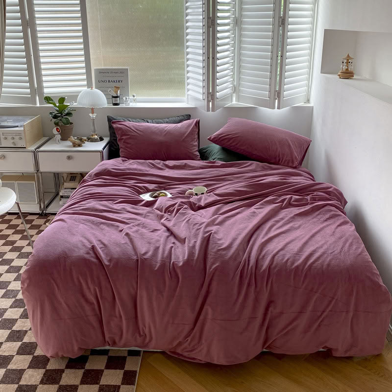 Solid Mauve Pink velvet bedding set with soft plush texture and minimalist cozy bedroom scene - RoomDen