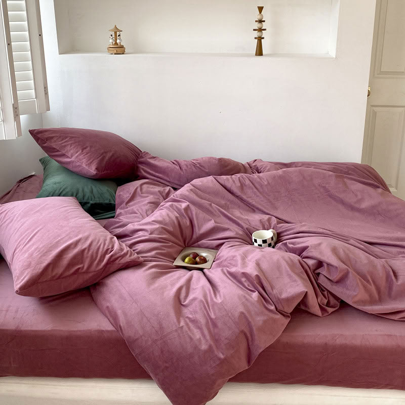 Solid Mauve Pink velvet bedding set with soft plush texture and minimalist cozy bedroom scene - RoomDen