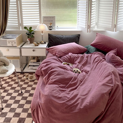 Solid Mauve Pink velvet bedding set with soft plush texture and minimalist cozy bedroom scene - RoomDen