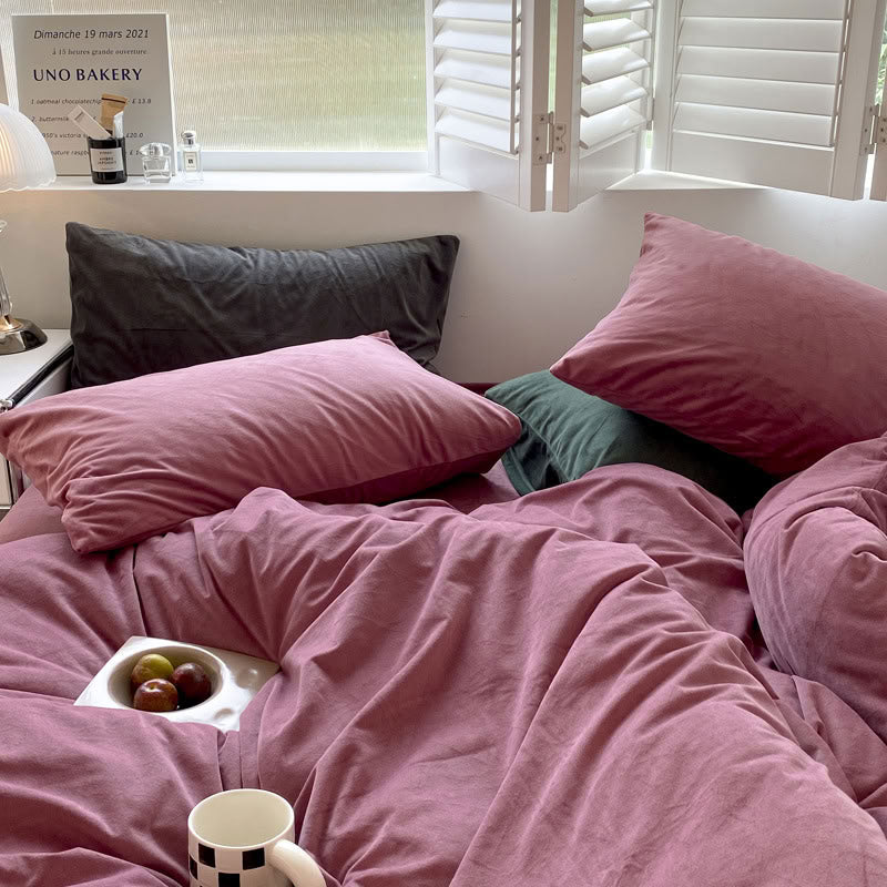 Solid Mauve Pink velvet bedding set with soft plush texture and minimalist cozy bedroom scene - RoomDen