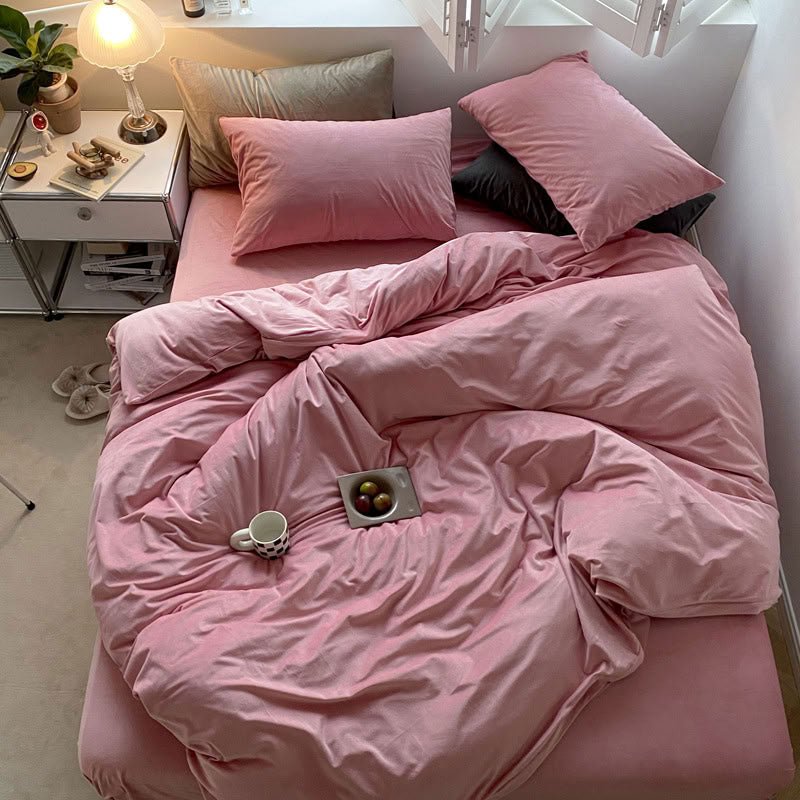 Solid Rose Pink velvet bedding set with soft plush texture and minimalist cozy bedroom scene - RoomDen