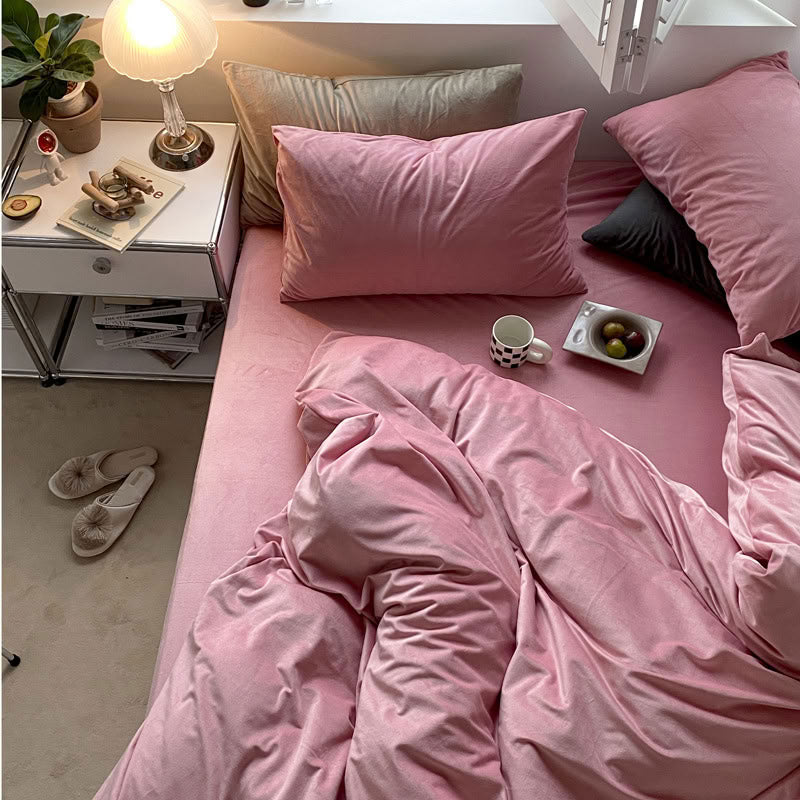 Solid Rose Pink velvet bedding set with soft plush texture and minimalist cozy bedroom scene - RoomDen