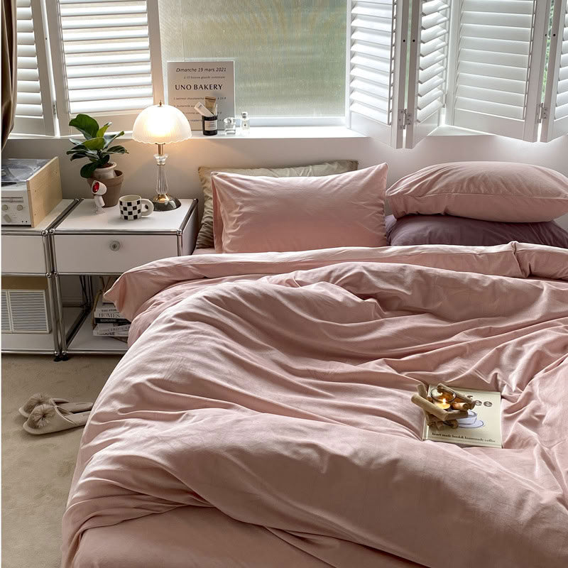 Solid Baby Pink velvet bedding set with soft plush texture and minimalist cozy bedroom scene - RoomDen