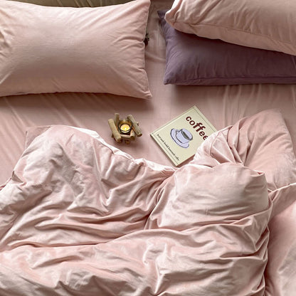 Solid Baby Pink velvet bedding set with soft plush texture and minimalist cozy bedroom scene - RoomDen
